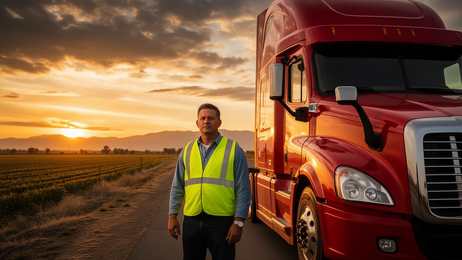 Truck driver standing beside a red Class A semi-truck at sunrise in California's Central Valley near Bakersfield