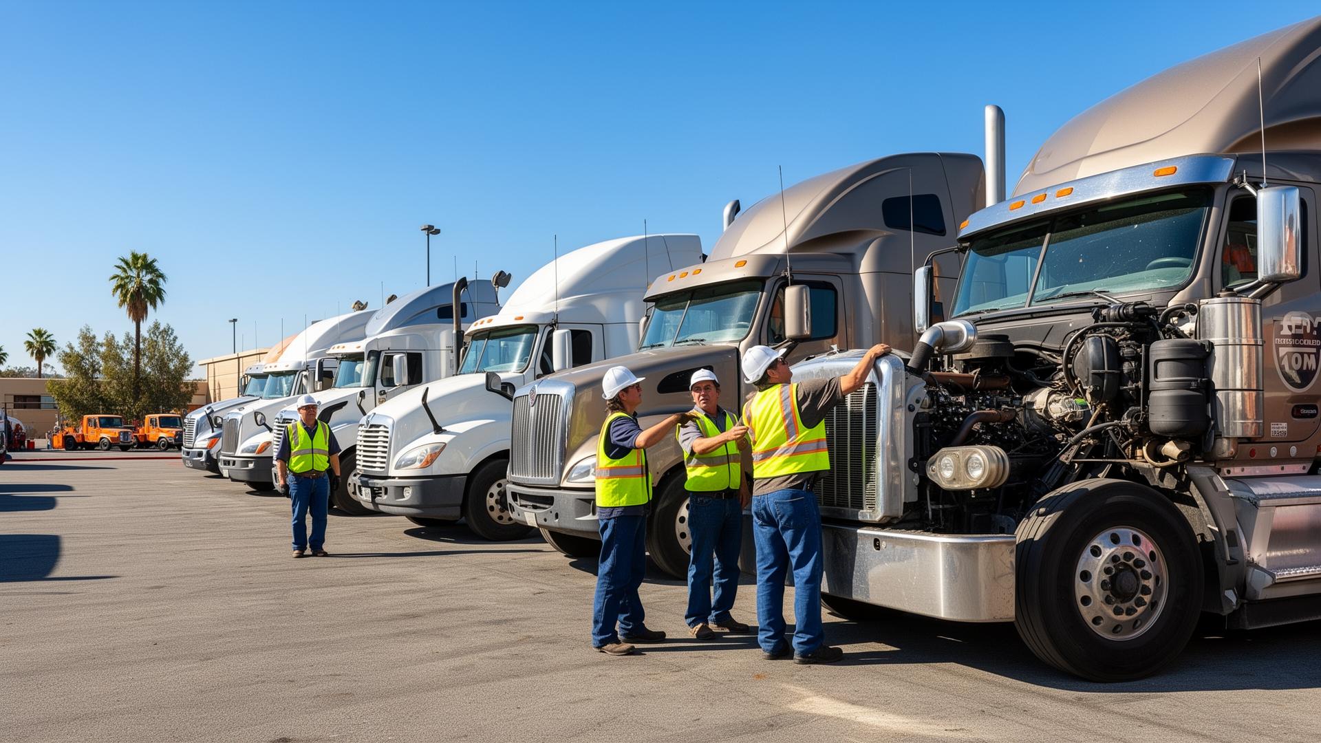 Students inspecting big rig engines at a CDL training yard in Bakersfield